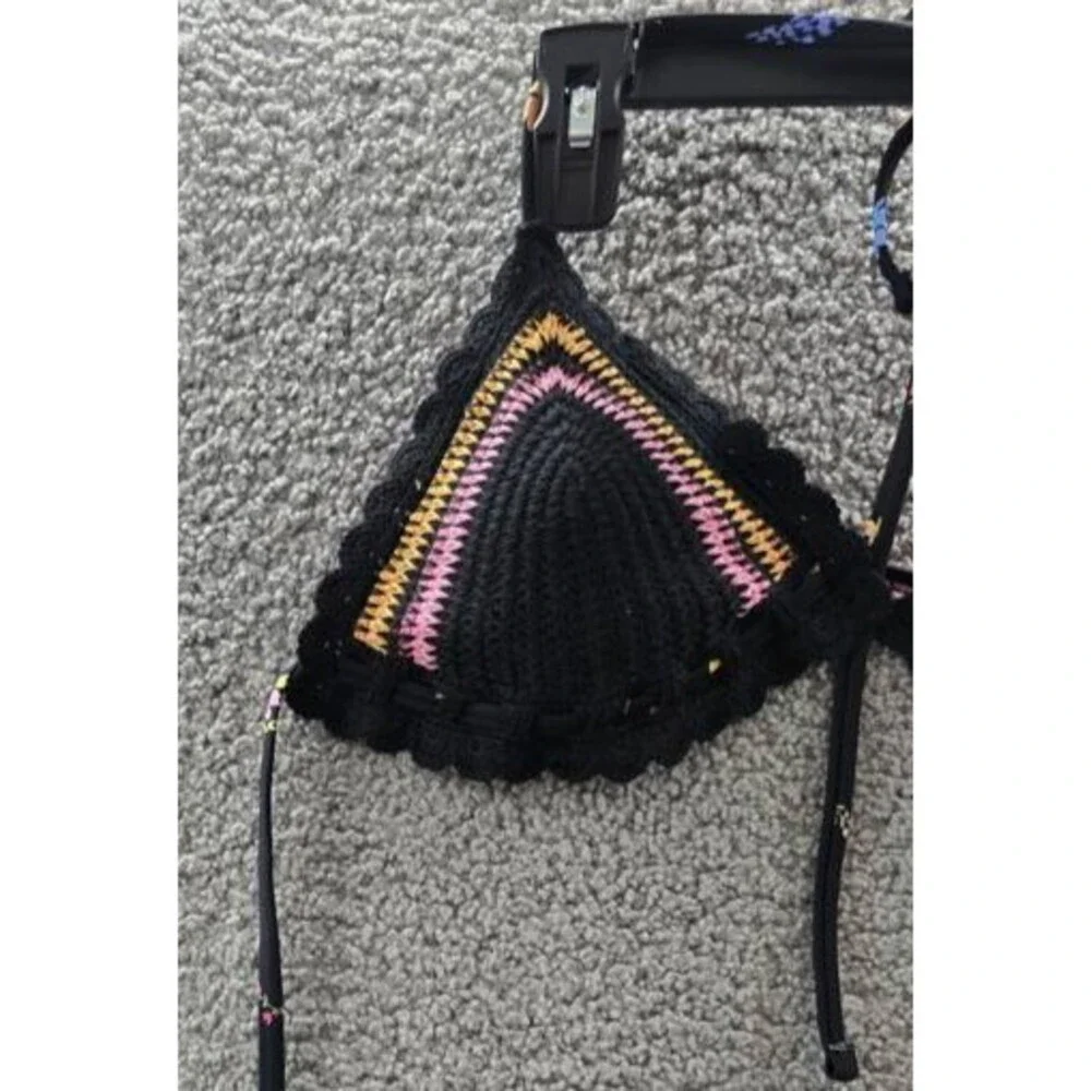 Salt + Cove Crochet Halter Triangle Bikini Juniors' L Black Back Tie Closure